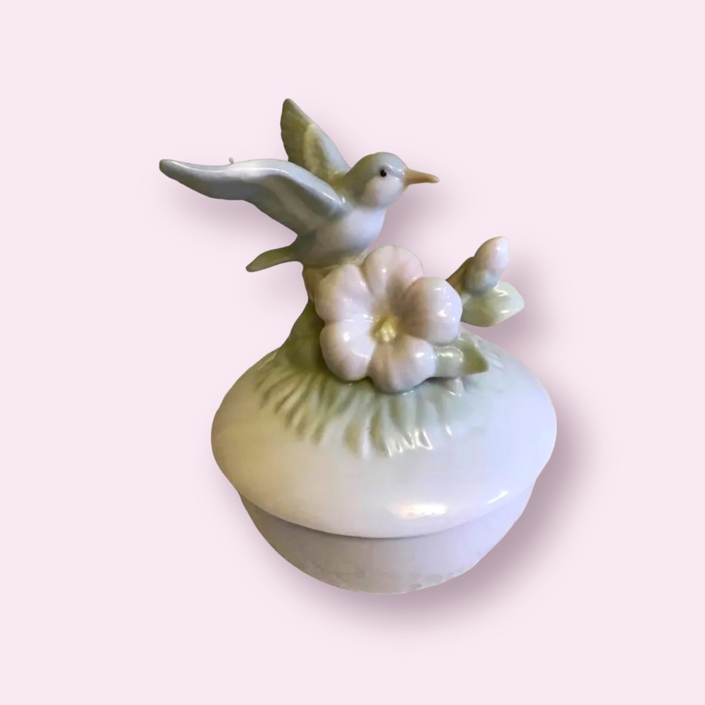 Jewelry Trinket Box Fine Glossy Porcelain Bird in Blue & Pink Pastels